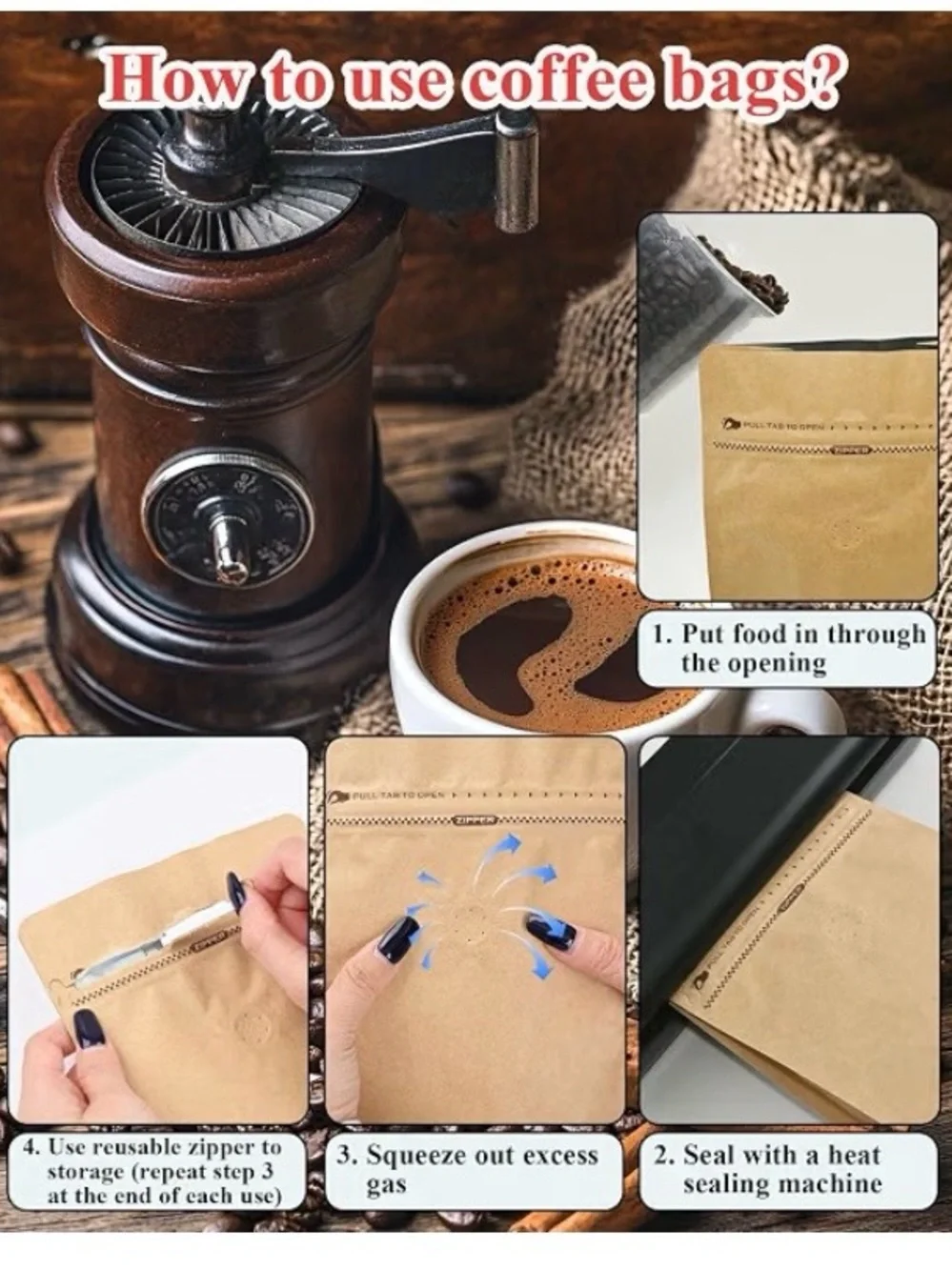 10pk Reusable Kraft Coffee Storage Bags with One-Way Valve - Brown